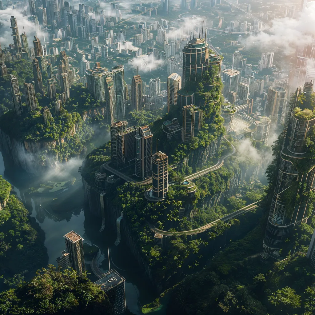 A futuristic city overgrown with green plants
