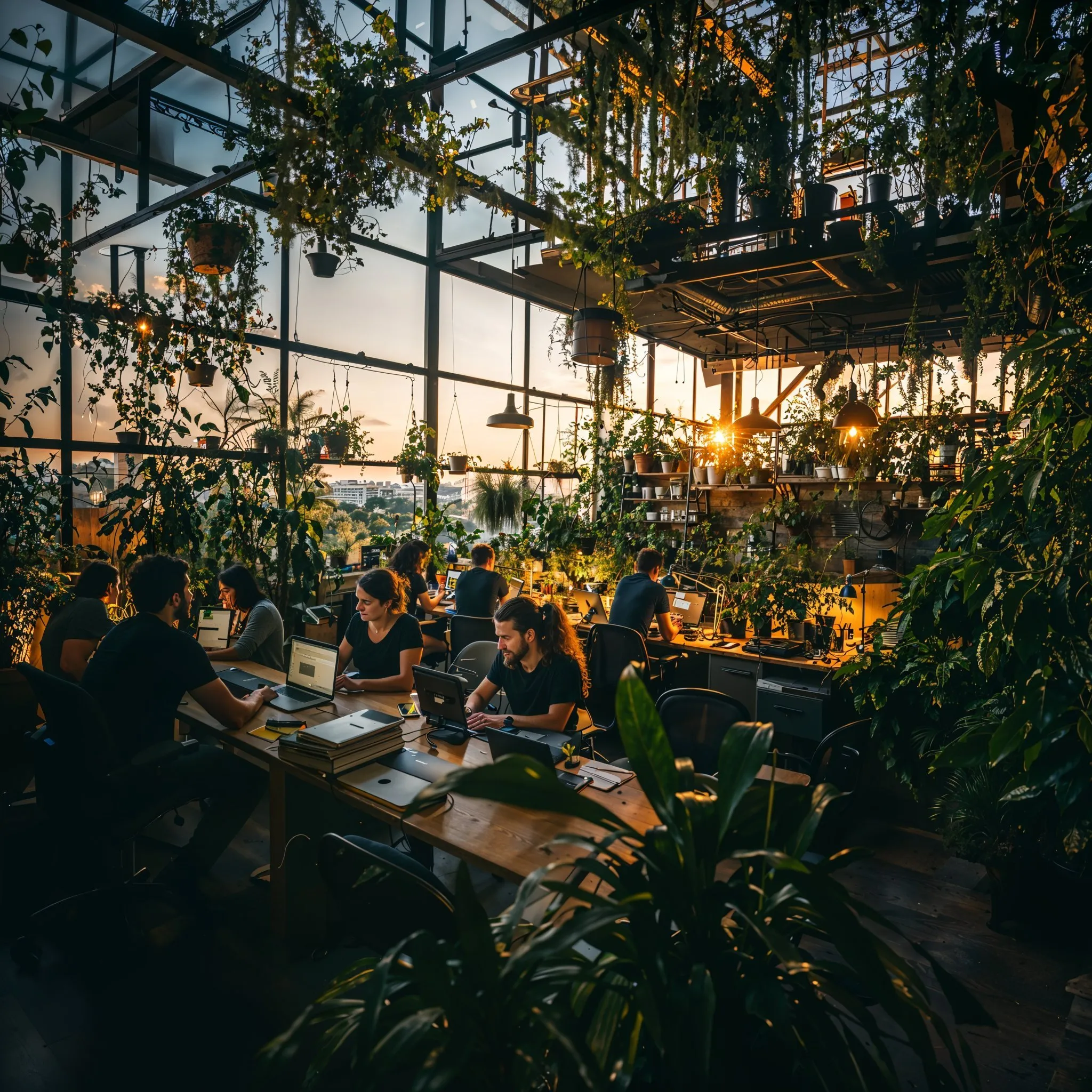 Coworking in a green garage with a sunset